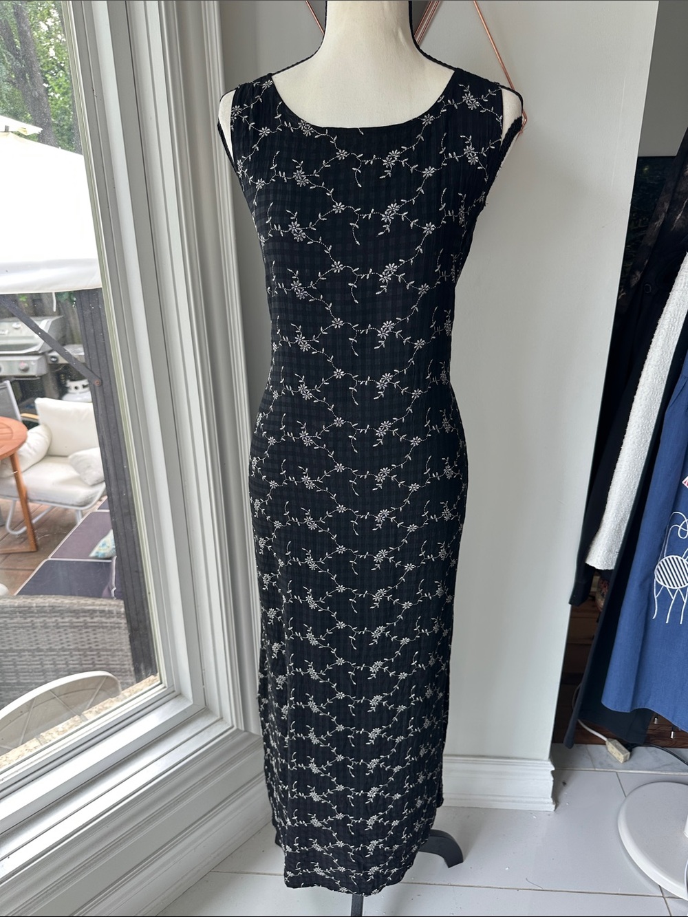 VINTAGE 90s ANN TAYLOR Black Floral Maxi Column Sheath Dress Gingham Sz Medium